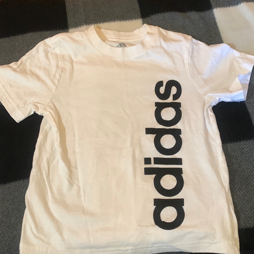 Adidas white T w/ black lettering size 4